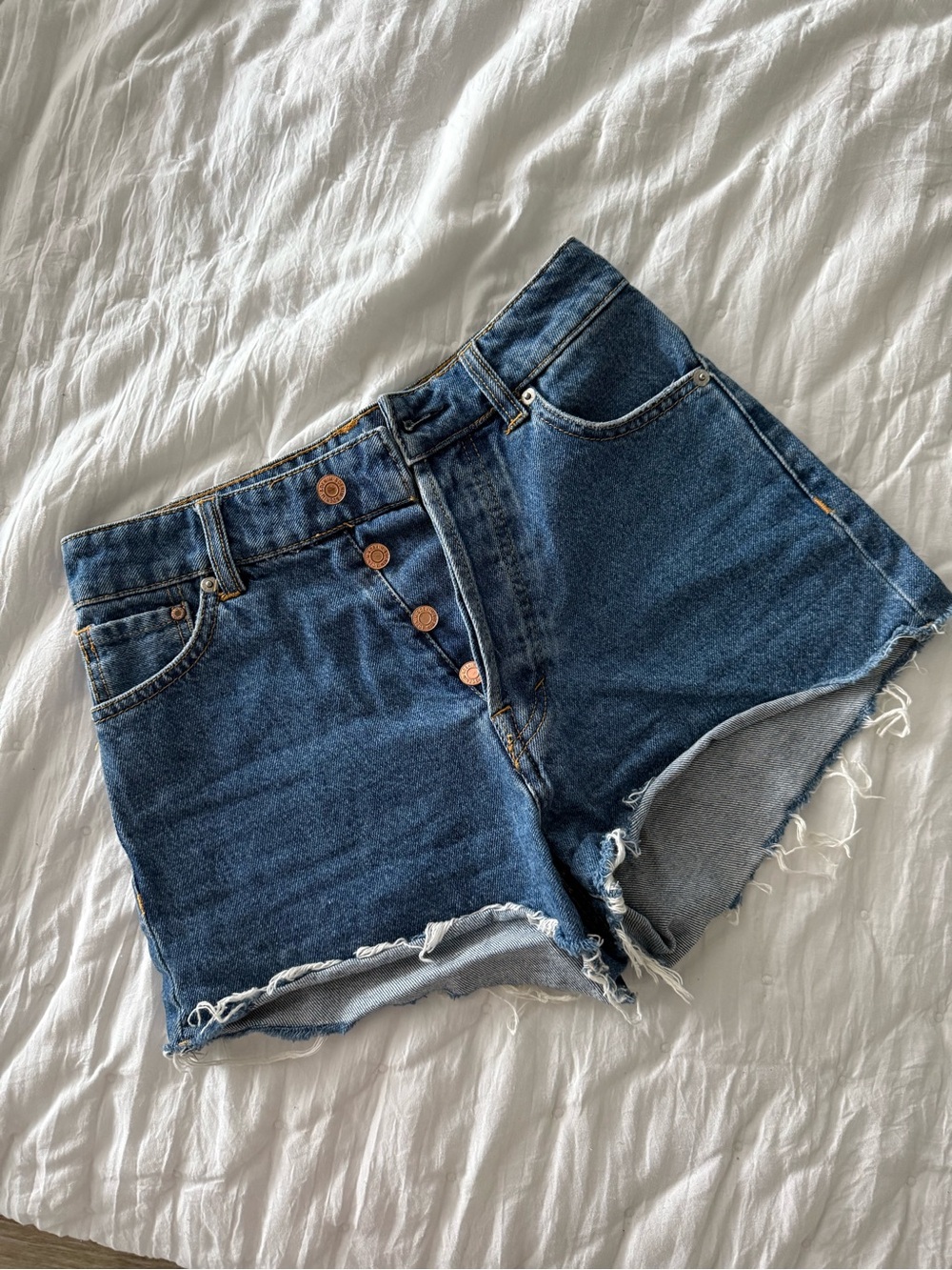 H&M Dark Blue High-Rise Button-Front Jean Shorts